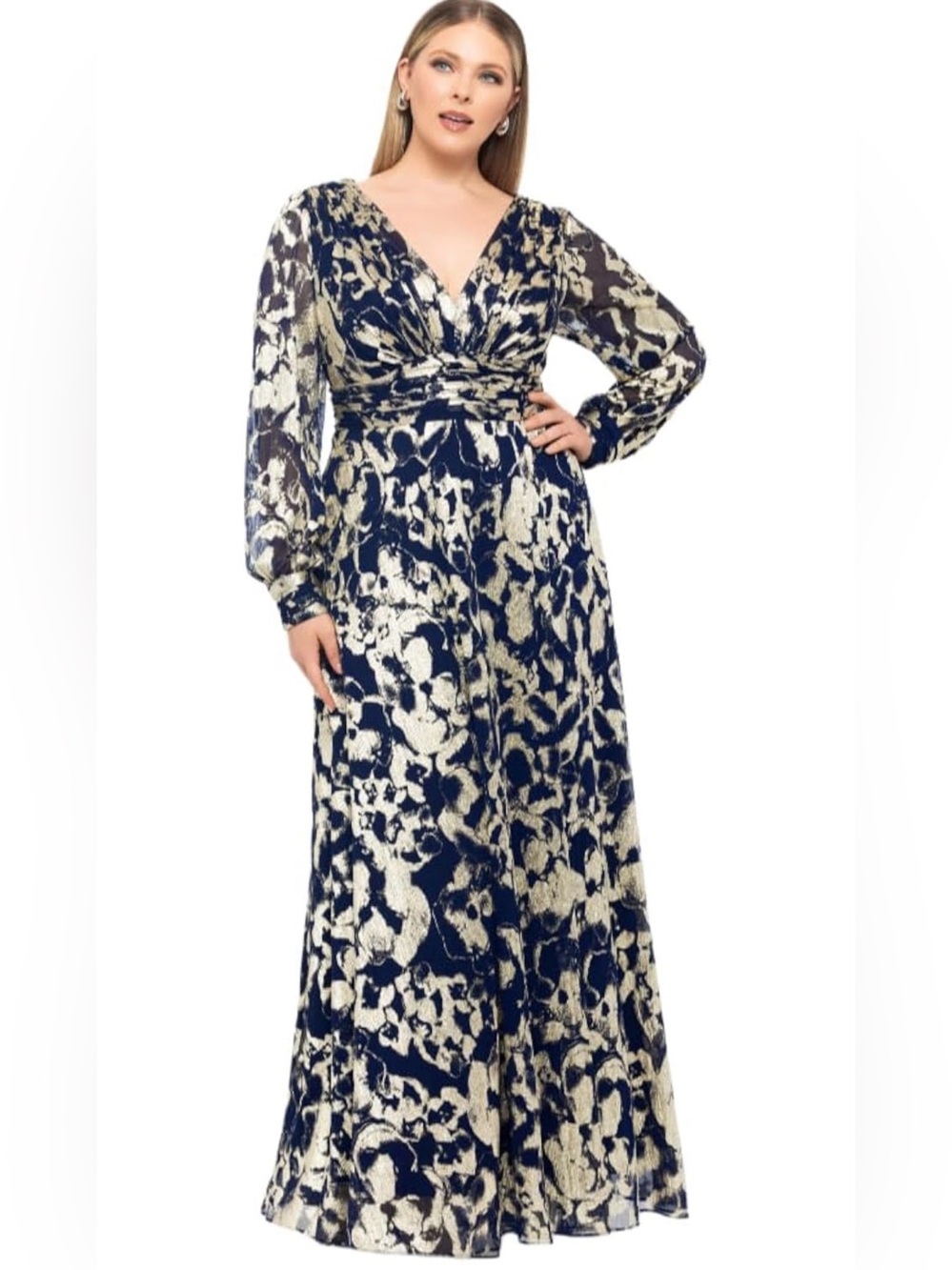 Macy's Navy and Cream Printed V-Neck Long Sleeve Maxi Dress